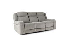 the reclining sofa is shown in grey fabric