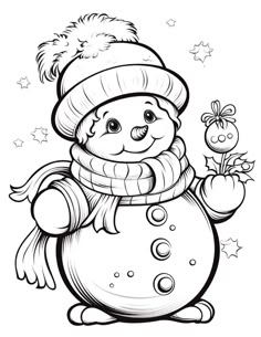 a snowman with a hat and scarf on it's head holding a flower