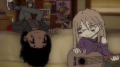 two anime characters one is playing the guitar and the other is laying on the floor