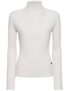 Ribbed collar, cuffs and hem. Model is wearing a sizeS Turtle Neck White, Turtleneck White, White Turtle Neck, Nyc Outfits, Nyc Girl, White Turtleneck, Wool Turtleneck, White Sweater, Winter Clothes