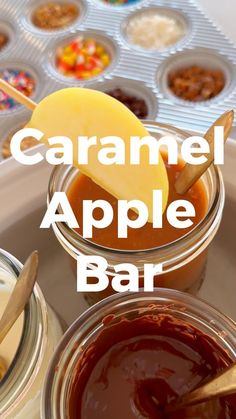 Showing how to make an easy caramel apple bar Caramel Apple Dip Bar, Apple Caramel Bar, Apple Bar Ideas Fall, Halloween Apple Bar, Easy Caramel Apple Bar, Caramel Apples Bar, Make Your Own Caramel Apple Bar, Carmel Apple Recipe Desserts, Candied Apple Bar