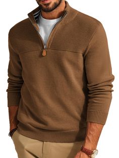 PRICES MAY VARY. 【Material】These mens quarter zip sweaters are made from high quality fabric, which brings you a soft, warm and comfortable wearing experience in cooler days. 【Design】This mens pullover sweater features a classic quarter zip designed, mock neck, slim fit, solid color, long sleeve, ribbed cuffs and hem. 【Collocation】You can wear this mens 1/4 zip sweater alone as a outwear and match it with stylish jeans for the fashion look; or you can match this polo sweater with casual pants an Men’s Quarter Zip Fit, Mens Dress Sweater, Men's Casual Style Fall, Men’s Quarter Zip, Men Quarter Zip Sweater Outfit, Beige Sweater Outfit Men, Men’s Trendy Business Casual, Men’s Casual Fashion, Mens Fall Fashion Casual