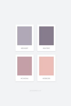 four different shades of pink, purple and grey on a white background with the words