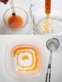 the process to make an orange substance in a glass bowl