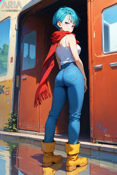 a woman with blue hair and yellow boots standing in front of a red door