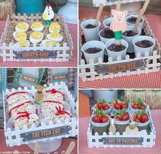 a collage of pictures showing different foods and decorations for a farm themed birthday party