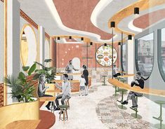 an artist's rendering of the inside of a restaurant with people sitting at tables