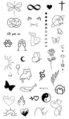 an assortment of tattoos with different symbols on them, including hearts and arrows in black ink