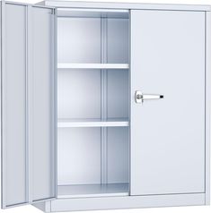 an open white cabinet with shelves and doors