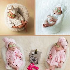 three pictures of babies with masks on their faces and in pink outfits, one is sleeping while the other is laying down