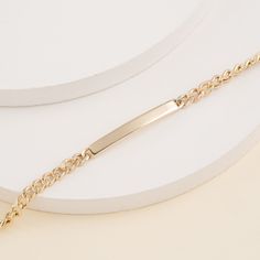 Solid gold nameplate bracelet on a chain. Elegant White Gold Luxury Name Bracelet, Luxury Elegant White Gold Name Bracelet, Name Plate Bracelet, Nameplate Bracelet, Bar Dimensions, Id Bracelets, Bar Bracelets, Cuban Link Chain, Cuban Chain