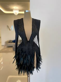 Porsha Williams Black Dress, Black Feather Long Dress, Fringe And Feather Dress, Extra Party Dress, Black Feather Dress Short, Short Fringe Dress, Fringe Dresses, Satin Sleeves