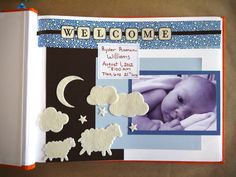 an open scrapbook with pictures of sheep, clouds and the word welcome written on it