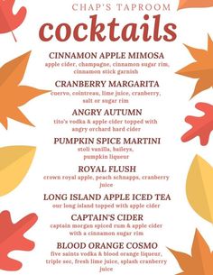 a menu for cocktails with autumn leaves and oranges on the table in front of it