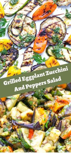 grilled eggplant zucchini and peppers salad on a white platter