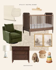 a baby's room with green furniture and pictures on the wall, including a crib