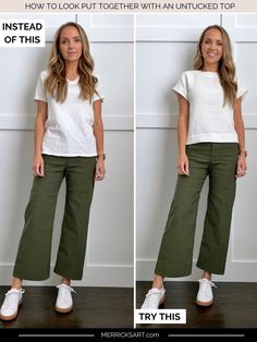 How to Look Put Together With an Untucked Top - Merrick's Art Untucked Blouse Outfit, Basic Teacher Wardrobe, Cute Ways To Wear Work Tshirts, Work Outfits With Tshirts, Casual Tee Shirt Outfit, No Tuck In Outfit Women, Untucked Shirt Women Work Outfits, How To Wear Crop Tops, Untucked Shirt Outfit Women