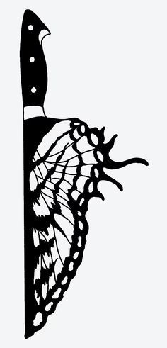 a black and white drawing of a butterfly on a pole with its wings spread out