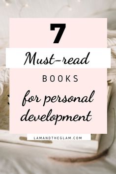 a laptop computer sitting on top of a bed with the words 7 must read books for personal development