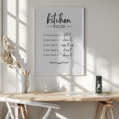 a kitchen rules poster hanging above a wooden table