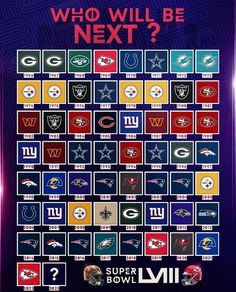 the nfl super bowl poster is shown in purple and blue colors, with different logos on it