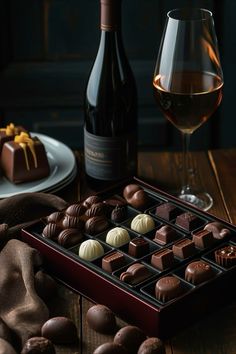 a bottle of wine and some chocolates on a table next to a glass of wine