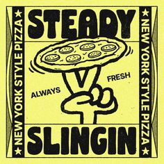 an advertisement for a pizza restaurant called slingin, featuring a hand holding up a slice of pizza