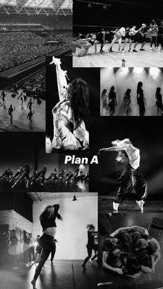 black and white photographs of people performing at a concert with the words plan a above them