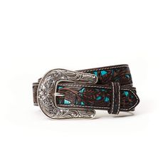 This belt dazzles at every turn. It features a sparkly blue background with floral pierced overlay accentuated with rhinestones. Removable buckle set makes it customizable. Leather with pierced floral accent Bright blue underlay with rhinestone accents Contrast white stitching Single leather keeper Floral etched silver buckle Removable buckle set ImportedFloral Overlay Belt | Men's Floral Overlay Belt in Brown Blue Leather, Size: 30 by Ariat Ariat Belts, Professional Bull Riders, Floral Overlay, Western Belts, Blue Fits, Fit Inspo, Mens Belts, Bright Blue, Christmas List