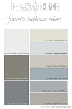 several shades of gray and white paint with the names of different colors on them, including one