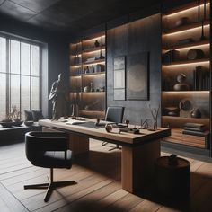 an office with wooden flooring and built - in shelving, along with leather chairs