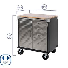 an image of a tool cabinet on wheels with measurements for the height and widths