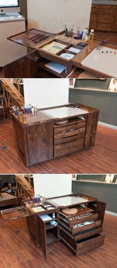 two pictures of an office desk with drawers and other items on it in different stages of being assembled