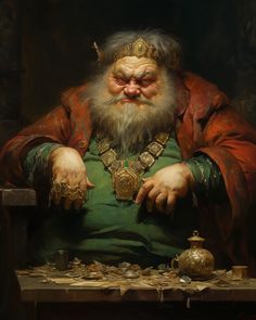 a painting of an old man with a beard and wearing a green outfit sitting at a table