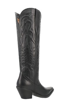 Add a dose of Western flair to your footwear collection with a knee-high leather cowboy boot boasting intricate topstitching and a sharply notched topline. A thick block heel and cushioned footbed make it perfect for a night of line dancing. Cushioning: absorbs impact and distributes weight for consistent, buoyant comfort under each step 2 1/2" heel 17" shaft; 15" calf circumference Pull-on style Cushioned insole Leather upper/textile lining/synthetic sole Imported Knee High Western Boots, Black Cowgirl Boots, Black Leather Cowboy Boots, Mens Cowboy Hats, Black Cowboy Boots, Womens Cowgirl Boots, Womens Work Boots, Handcrafted Boots, Wedding Boots