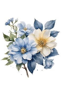 blue and white flowers with green leaves on a white background, watercolor painting style