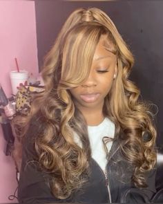 Birthday Hairstyles Real Hair, Highlight Wig Updo, Half Up Half Down Highlights Wig, Wigs For Homecoming, Brown And Blonde Balayage Black Women, Highlight Wig Styles For Black Women, Light Brown Lace Front Wigs Black Women, Brown Wigs Black Women Side Part, Prom Quick Weave