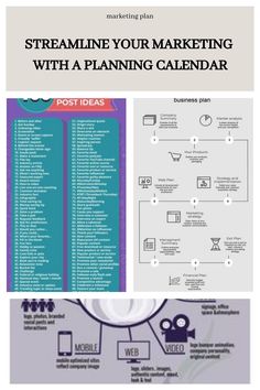 a poster with the words streamline your marketing with a planning calendar and other information