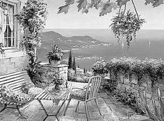 a black and white photo of an outdoor patio with flowers on the windowsills