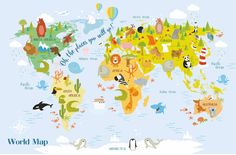 the world map with animals and birds