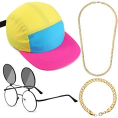 PRICES MAY VARY. Retro Rapper Accessories Set: our 80s 90s outfit for women hip hop party set includes 1 piece of neon hat, 1 piece of round flip up sunglasses, 1 piece gold chain and 1 gold bracelet, can be applied for 90s hip hop party wear decorations, stylish styles to meet your 80s, 90s theme party costumes matching needs 80s 90s Hat: the neon hat is adjustable, so you can adjust the cap to fit your head well, the tennis hat is made of quality nylon and oxford cloth, lightweight and portabl Adjustable Costume Accessories For Summer Festival, Women's 90s Outfits, Tennis Hat, 90s Hats, Hip Hop Accessories, Hip Hop Costumes, Flip Up Sunglasses, Hip Hop Trends, Hip Hop Party