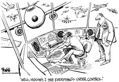 a cartoon depicting an airplane cockpit with two men working on computers and another man looking at the monitor