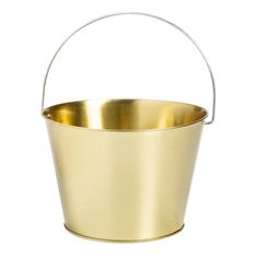 a gold metal bucket with handle on a white background, it is isolated for use as a decoration