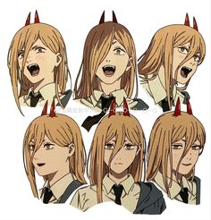 an anime character with long hair and horns on his head is making funny faces while wearing school uniforms