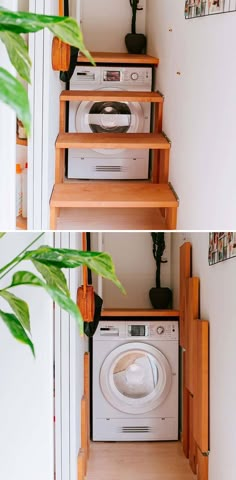 two pictures of a washer and dryer in the same room