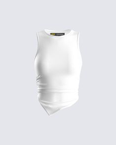 Make any day 10x hotter with this white jersey tank top 🤍 Made from stretch jersey, and complete with an asymmetrical hem, and shirring on the side seams for an elevated take on your fav white tank 🤩 Black Tube Tops, Strapless Ruffle Dress, Dr Closet, Future Of Fashion, Welcome To The Future, Jersey Tank Top, Cropped Long Sleeve, No Waste, White Jersey