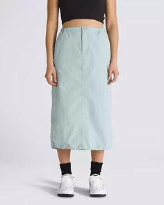 Riley Parachute Cargo Skirt Relaxed Fit Midi Skirt With Pockets, Casual Nylon Skirt For Spring, Casual Vans Bottoms With Pockets, Utility Bottoms With Slip Pockets For Spring, Spring Utility Bottoms With Slip Pockets, Vans Cotton Bottoms For Spring, Spring Cotton Bottoms By Vans, Loose Fit Nylon Casual Skirt, Casual Relaxed Nylon Skirt