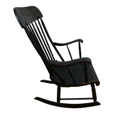 an old rocking chair with black paint and wood trimmings on the back, against a white background