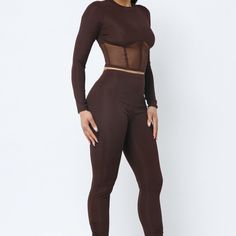 Color: Chocolate Long Sleeve Crop Top, Sheer Bottom Half Rib And Mesh Contrast Corset Style Side Tunnel Shirring Tie Leggings Slight Stretch - Top Stretchy - Leggings Runs Slightly Small, Size Up Ribbed Yoga Leggings, Grey Lululemon Leggings, Black Workout Leggings, Thick Leggings, Nike Pro Women, Christmas Leggings, Color Chocolate, Stretchy Leggings, Top Pants Set