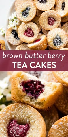 brown butter berry tea cakes with powdered sugar on top and in the middle, surrounded by flowers